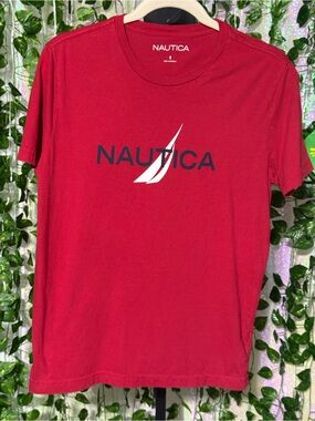 Nautica Men's Red Logo Cotton Crew Tee with White Sail size small